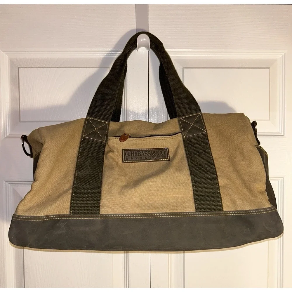 GH Bass & Co. VINTAGE Canvas & Leather Duffle Weekender Bag Tan/Green/Brown RARE